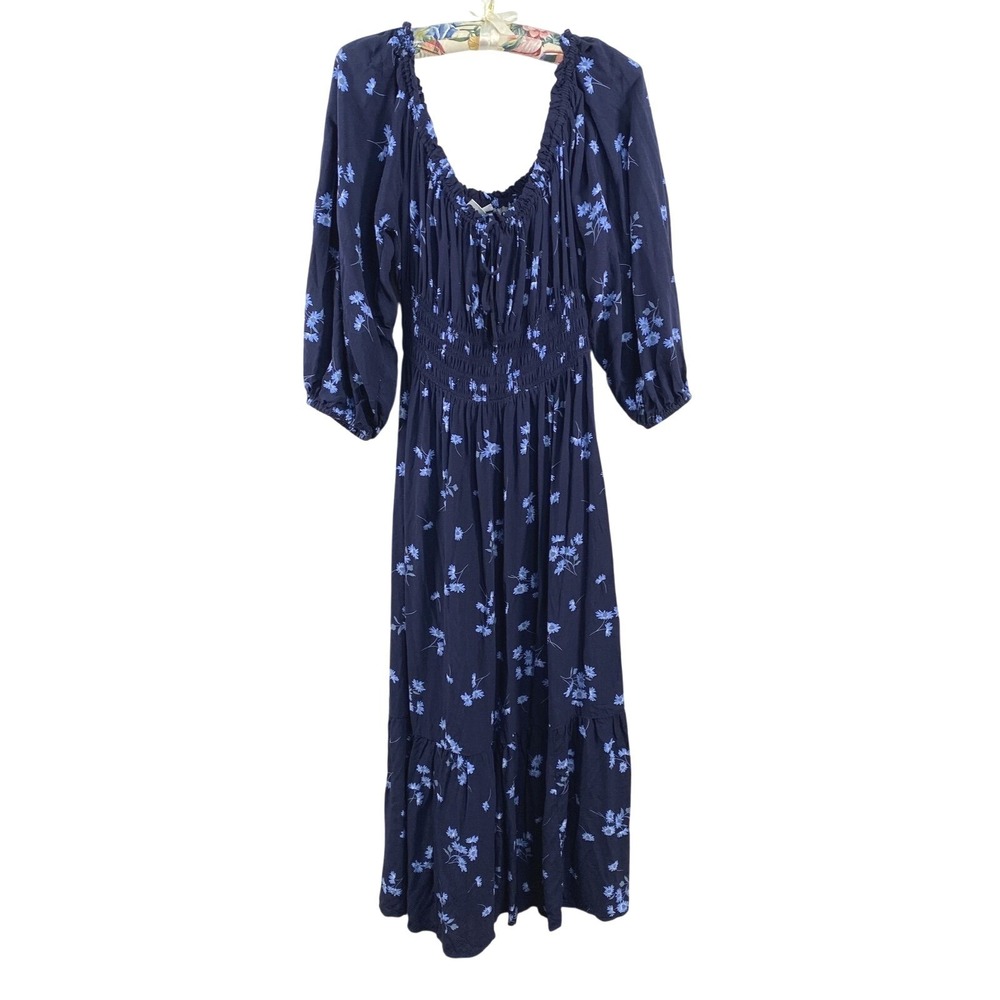 GAP Dress Womens M Blue Navy Floral Smocked Elbow Sleeve Tie Midi Boho Milkmaid